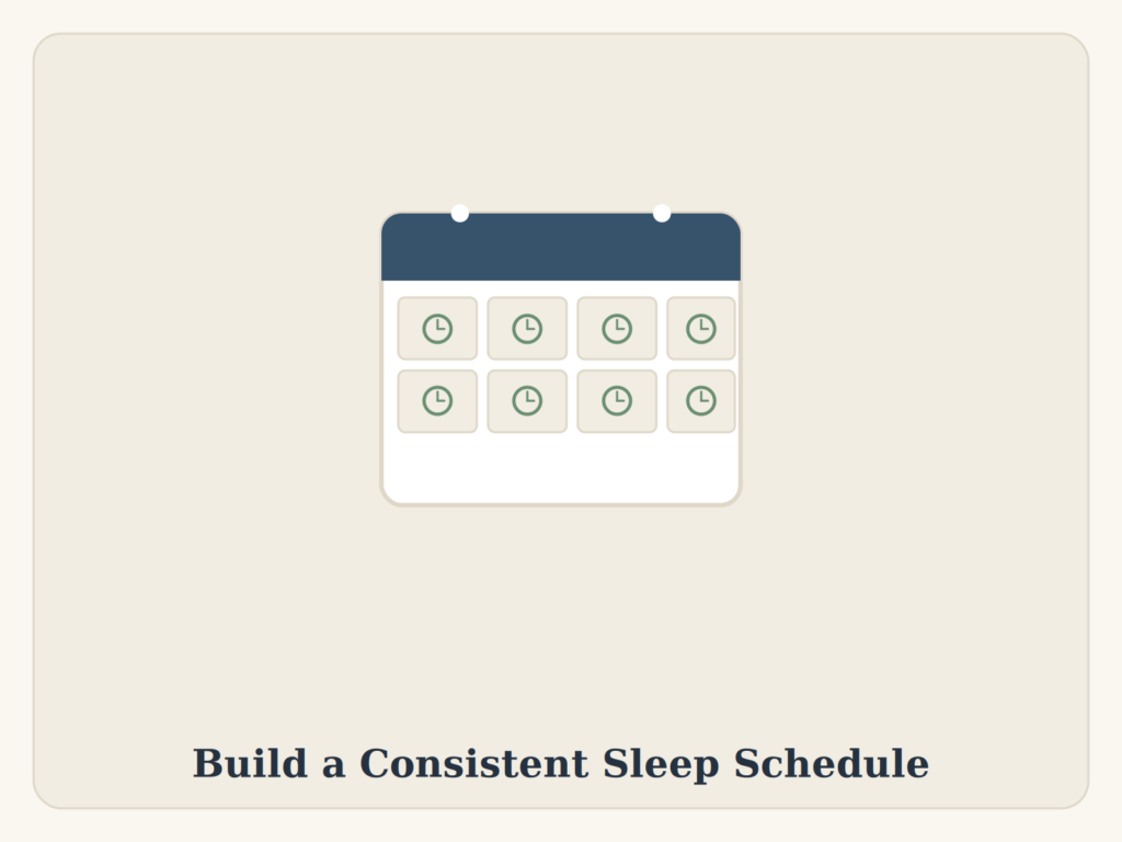 Illustration of a weekly calendar grid with small clock icons on each day, representing a consistent daily sleep schedule.