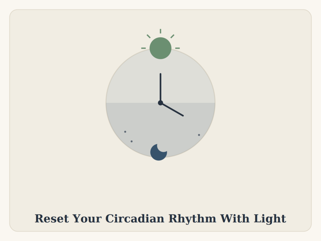 Circadian rhythm clock illustration showing a sun on one half and a crescent moon on the other, representing the body's internal day-night cycle