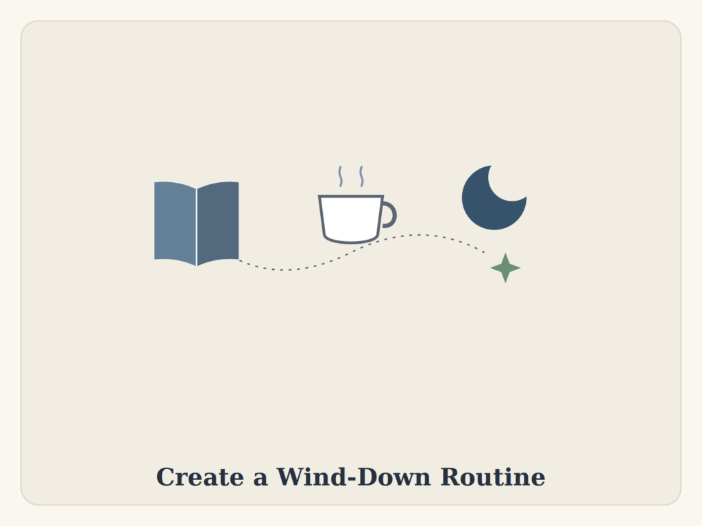llustration of a book, a cup of tea, and a crescent moon with a sparkle connected by a dotted path, representing a calming bedtime wind-down routine.