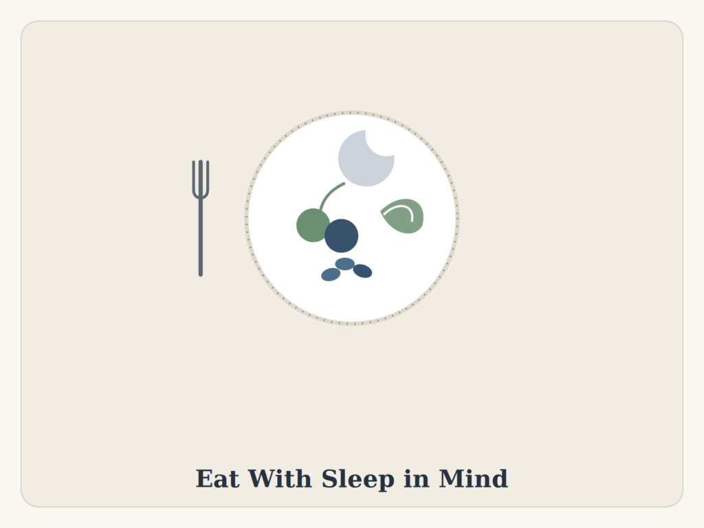 Illustration of a dinner plate with cherries, leafy greens, and nuts next to a fork, with a crescent moon, representing sleep-friendly eating