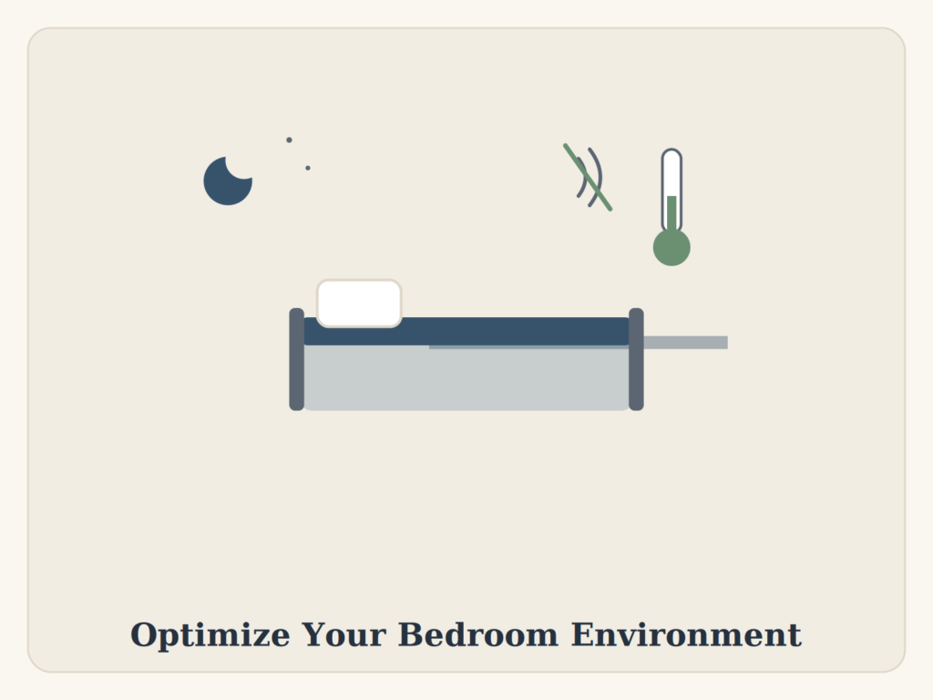 Illustration of a bed with a thermometer, crescent moon, stars, and a crossed-out sound wave, representing an optimized cool, dark, quiet bedroom