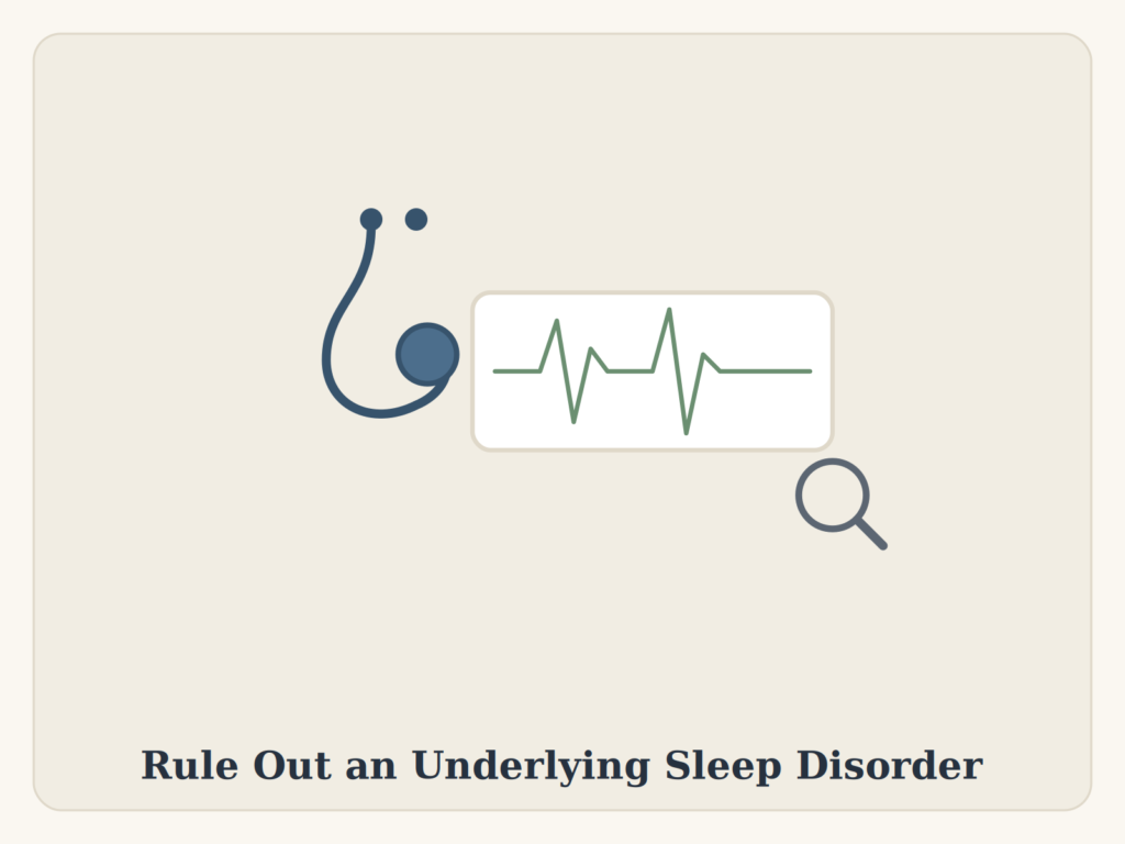 Illustration of a stethoscope, an EEG brainwave line, and a magnifying glass, representing screening for an underlying sleep disorder