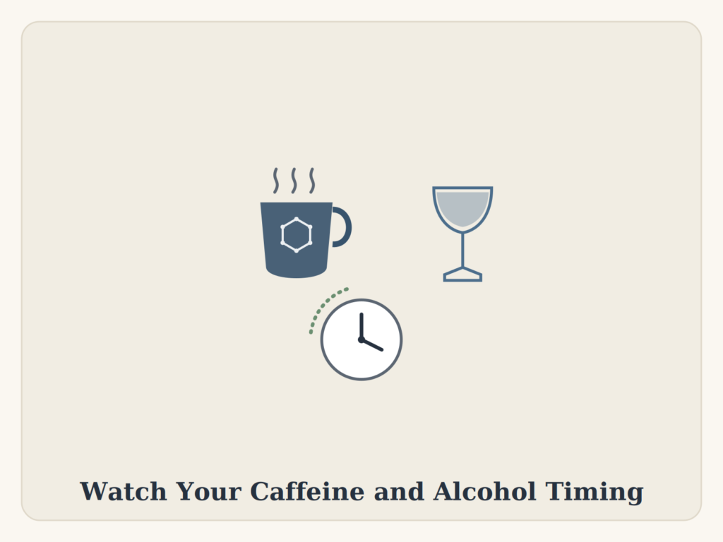Illustration of a coffee cup with a caffeine molecule, a wine glass, and a clock, representing the effect of caffeine and alcohol timing on sleep
